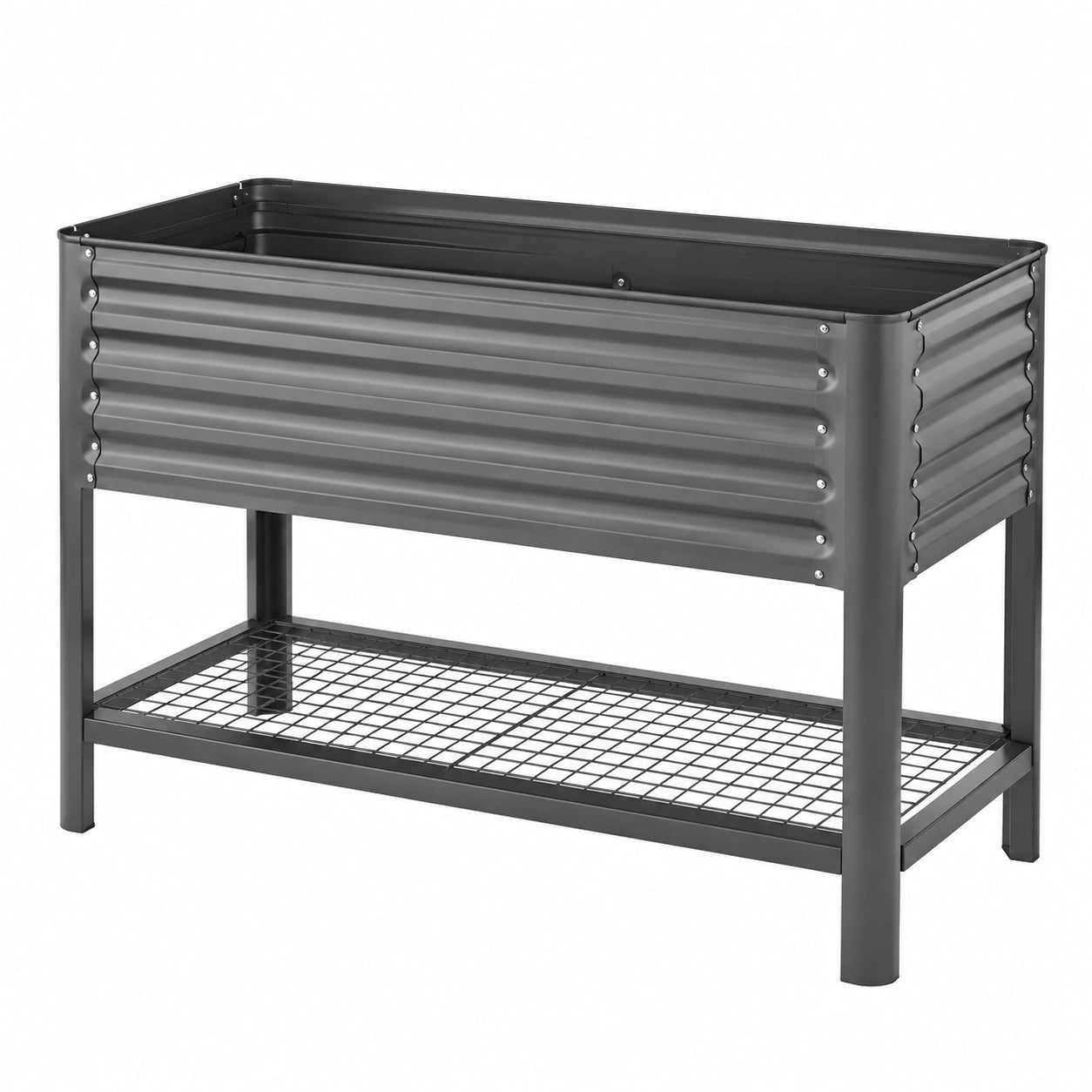 Jardinière surélevée en métal gris avec grille de rangement