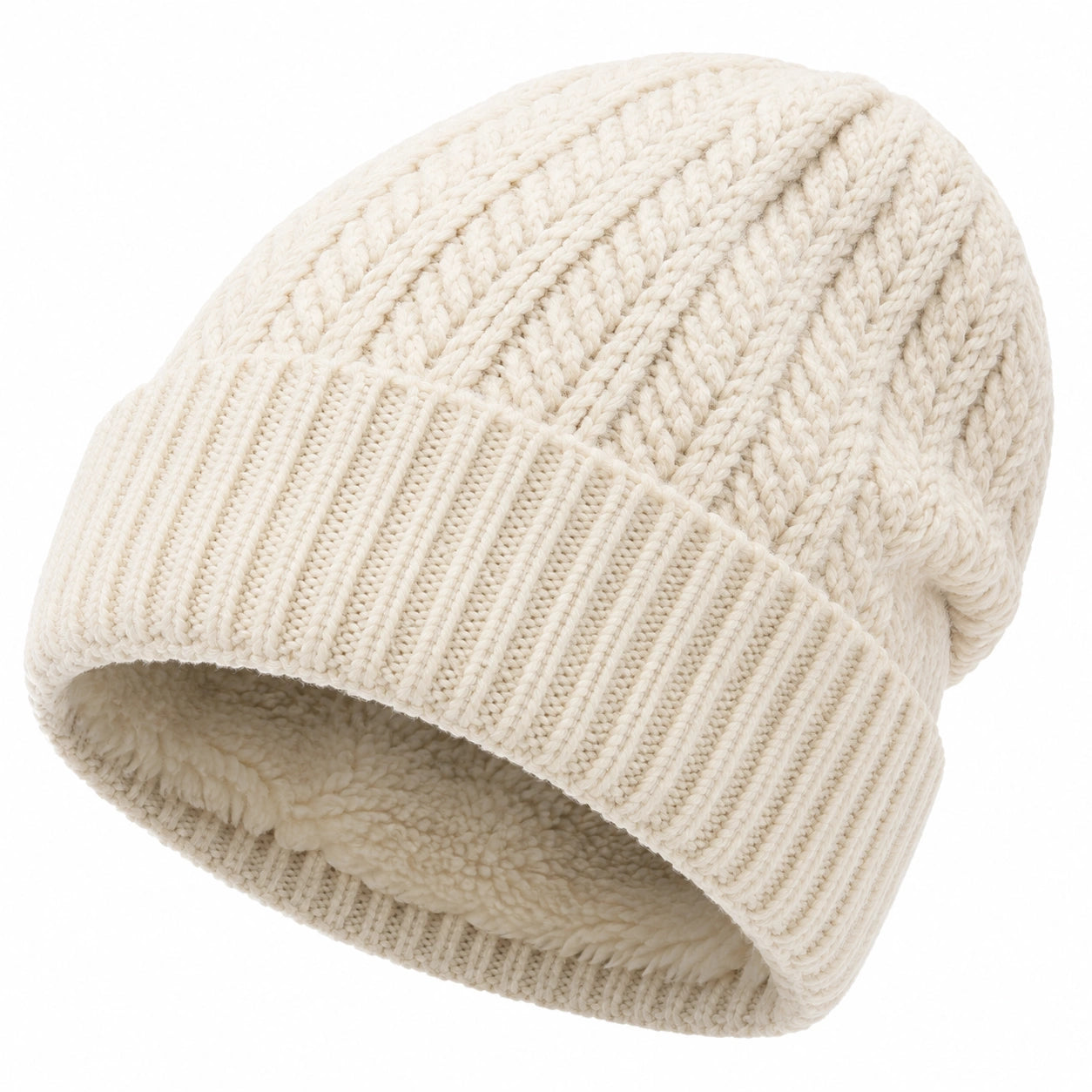 Bonnet d'Hiver en Tricot Crème Doublé Polaire