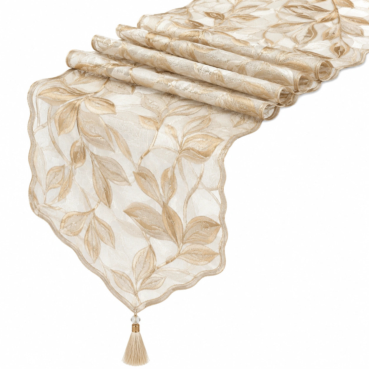 Chemin de table en dentelle dorée avec motifs de feuilles et pompon
