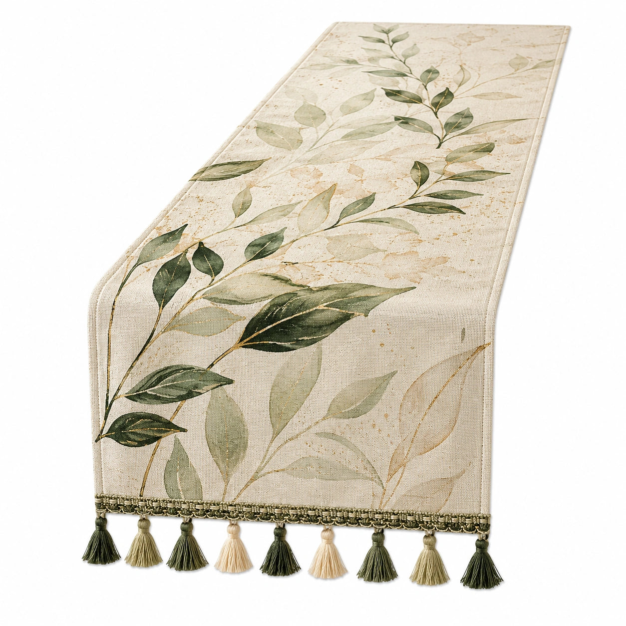 Chemin de Table Motif Feuilles Vertes avec Franges