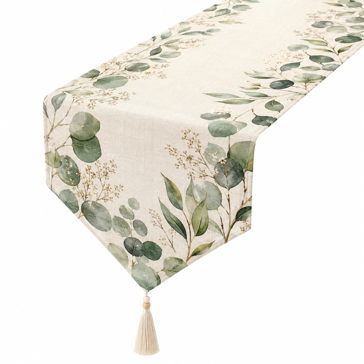 Chemin de Table Feuillage Vert et Ivoire 180x33cm avec Pompons