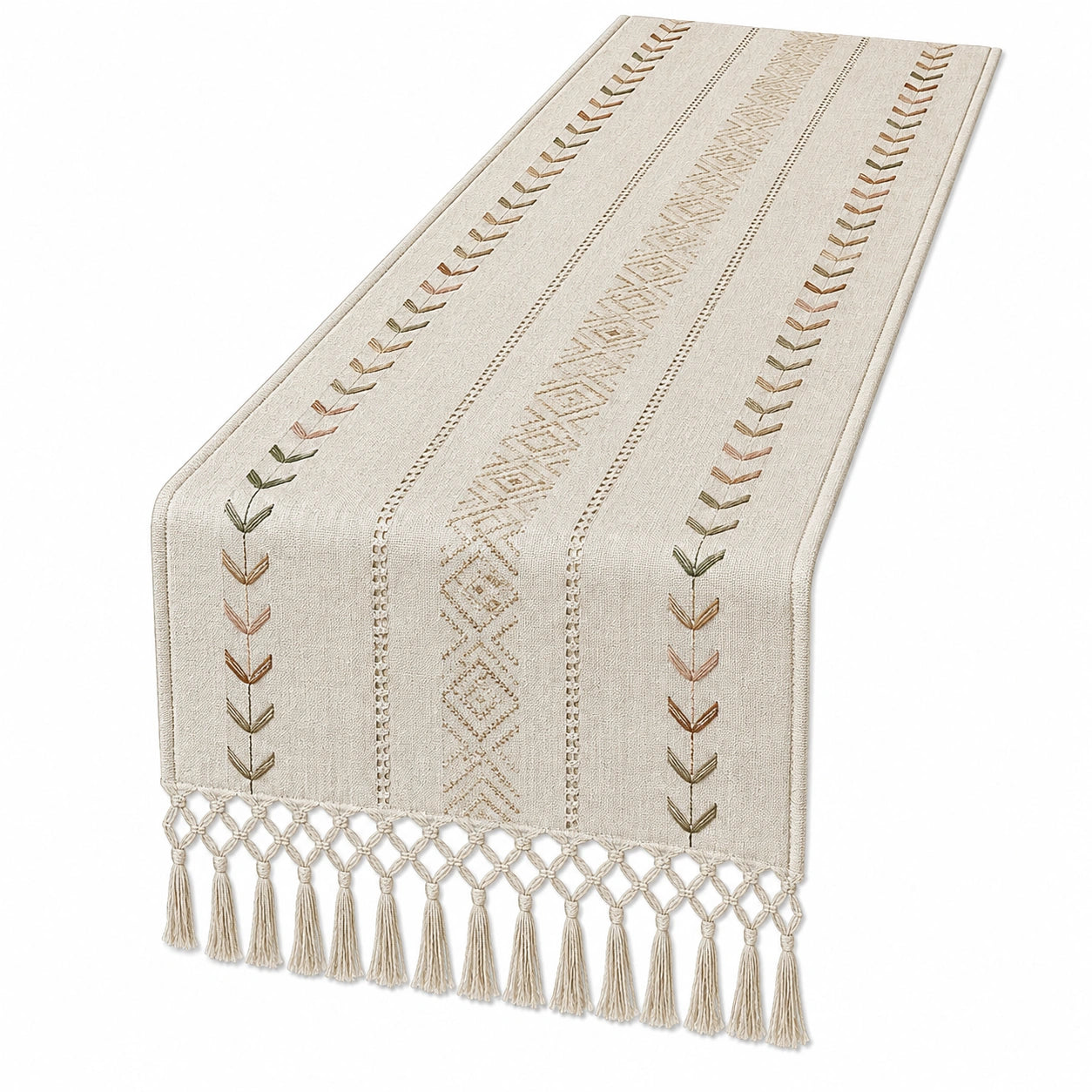 Chemin de table beige à motifs géométriques et franges décoratives