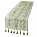 Chemin de Table Vert avec Broderies Florales et Franges