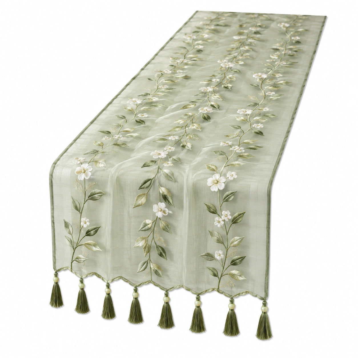 Chemin de Table Vert avec Broderies Florales et Franges