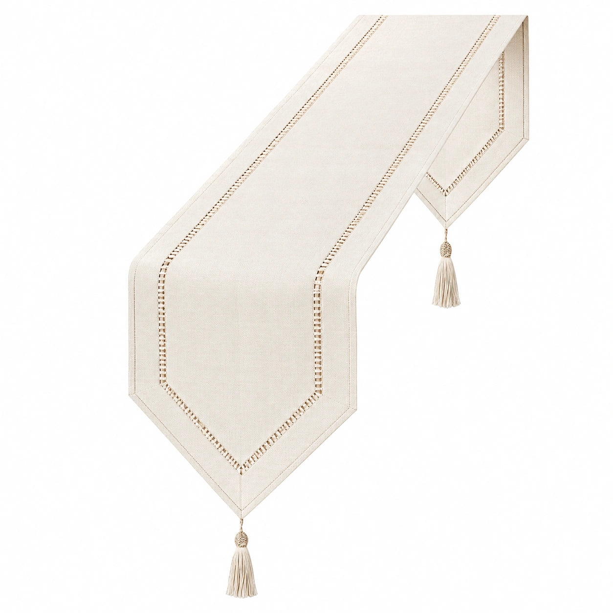 Chemin de Table avec Pompons et Broderie Ajourée - 180cm Beige