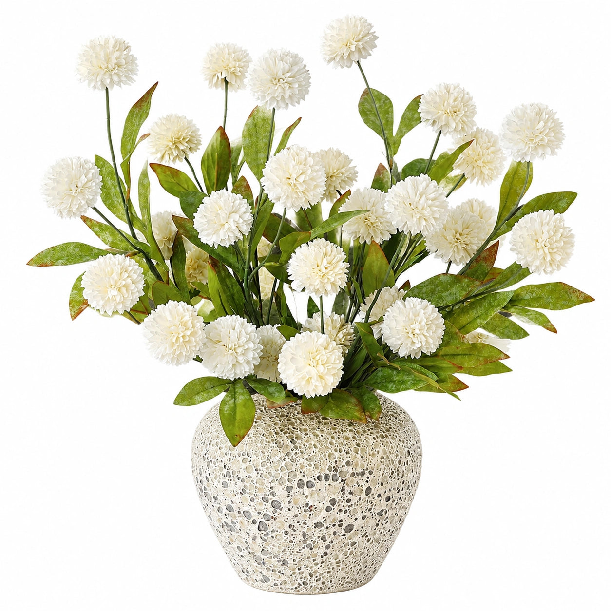 Arrangement floral artificiel avec fleurs blanches et pot texturé